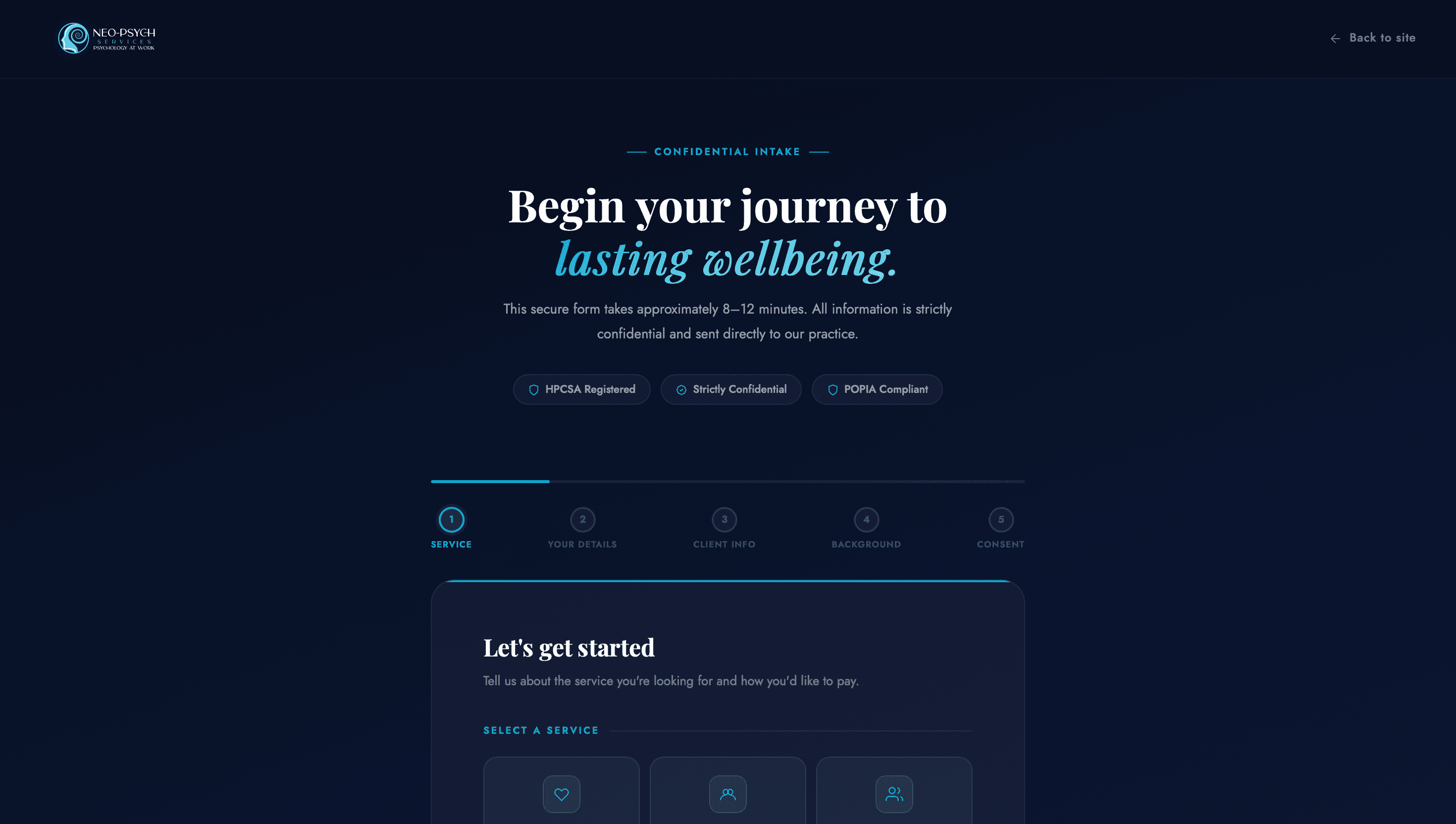 Neo-Psych digital intake interface